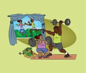 A man lifts weights while a woman struggles with groceries, both indoors.